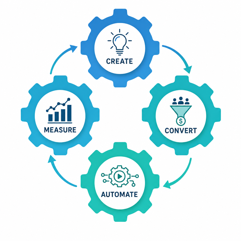 Diagram of the four-gear AI business system — create, convert, automate, and measure — connected in a feedback loop.