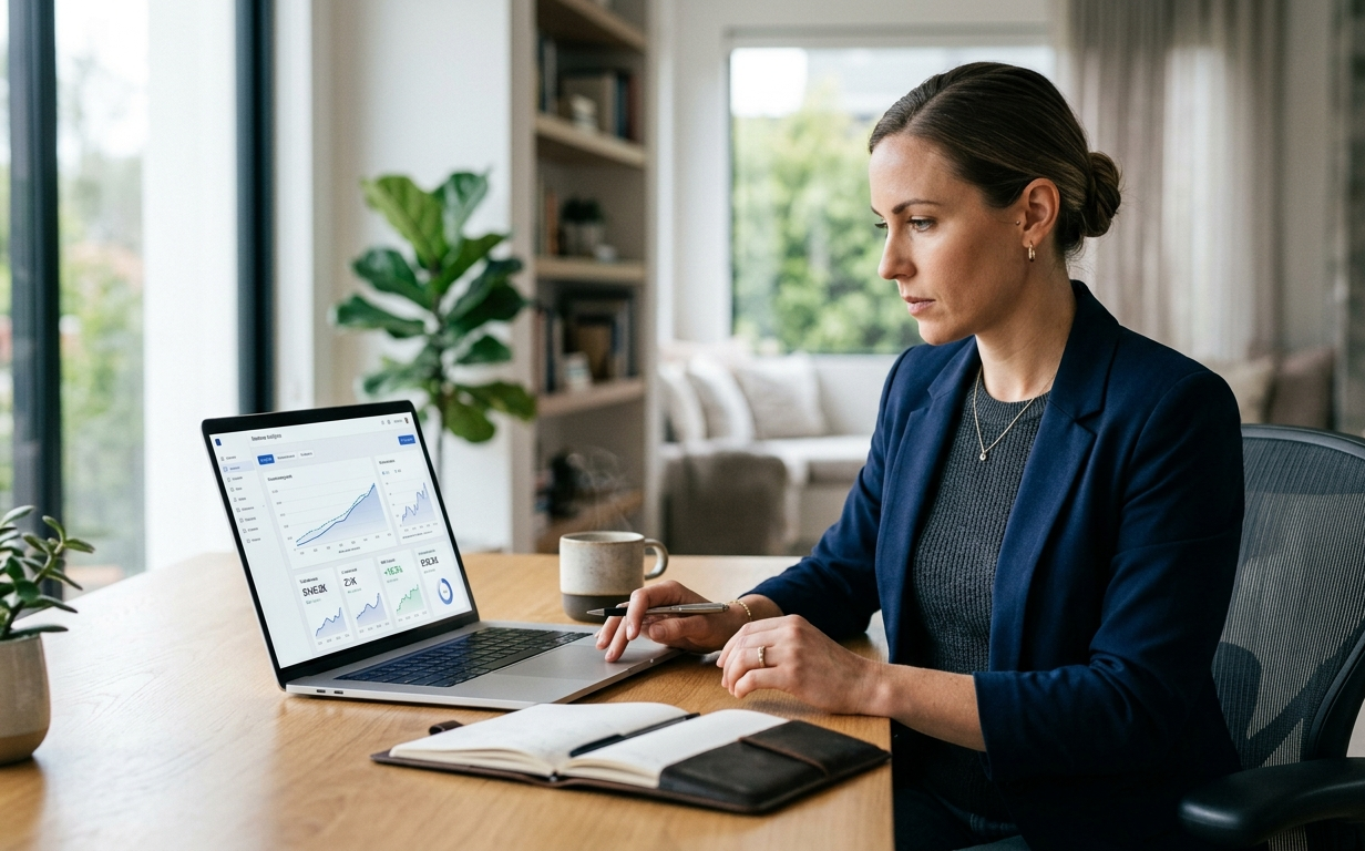 Entrepreneur reviewing an AI-powered revenue analytics dashboard on a laptop