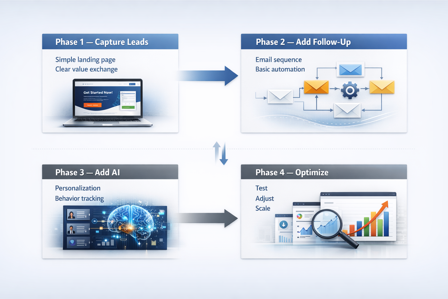 Four-phase sequence showing how to layer AI automation in an online business from lead capture through follow-up, AI and optimization