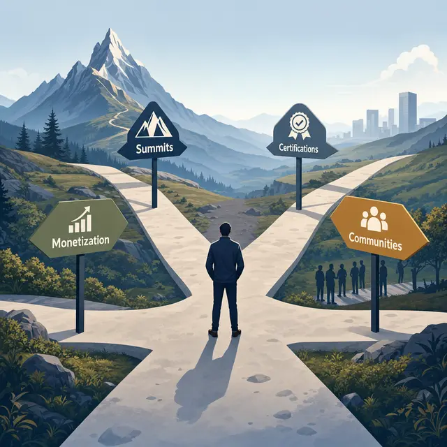 Person at a crossroads facing four AI business learning paths: summits, certifications, monetization, and communities