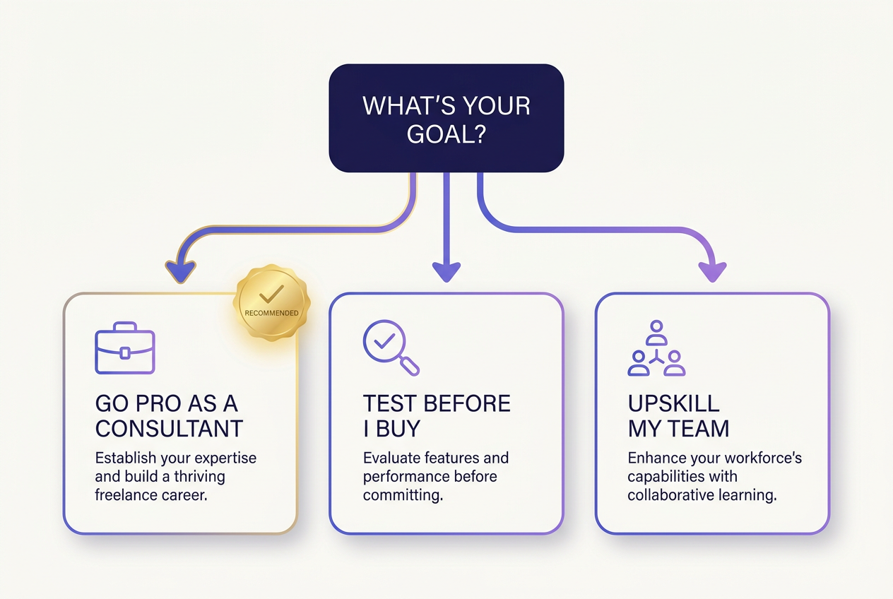 Decision framework flowchart guiding readers to the right AI business program by goal and profile