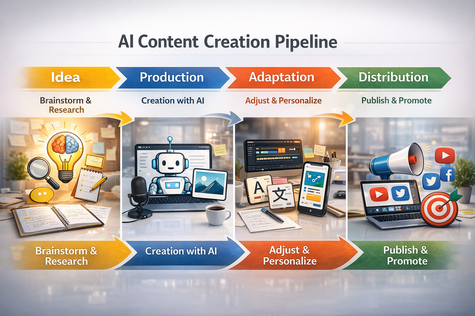 Infographic of the AI content pipeline with four stages — idea, production, adaptation, and distribution — supporting Gear 1 of the system.