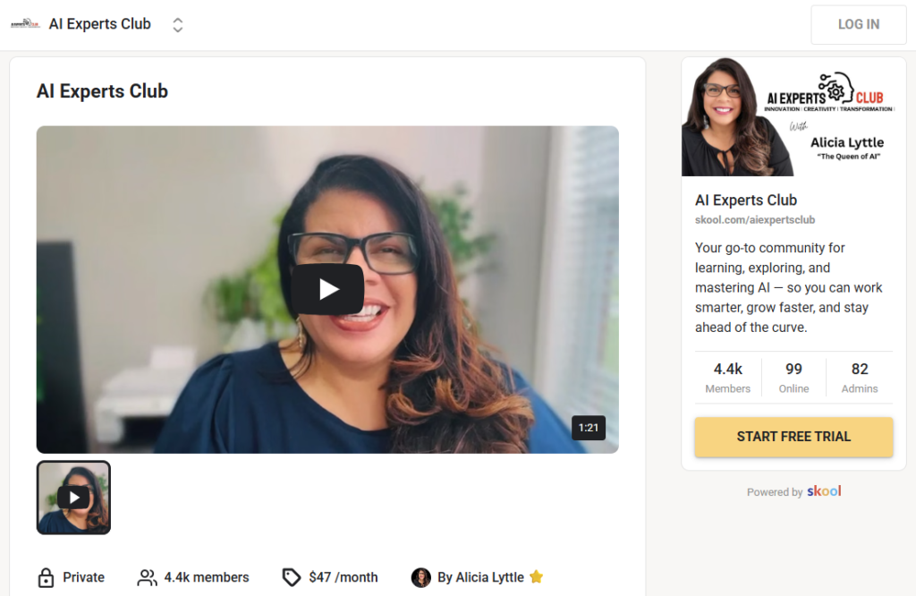 AI Experts Club Skool community homepage showing 4.4k members, free trial button and founder Alicia Lyttle