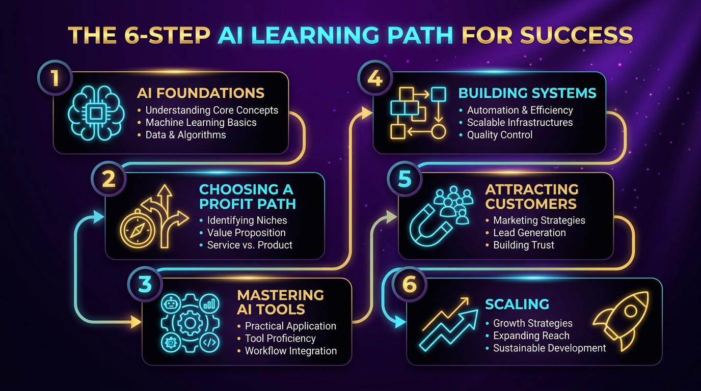 The 6-step AI learning path: foundations, profit path, AI tools, systems, customers, and scaling
