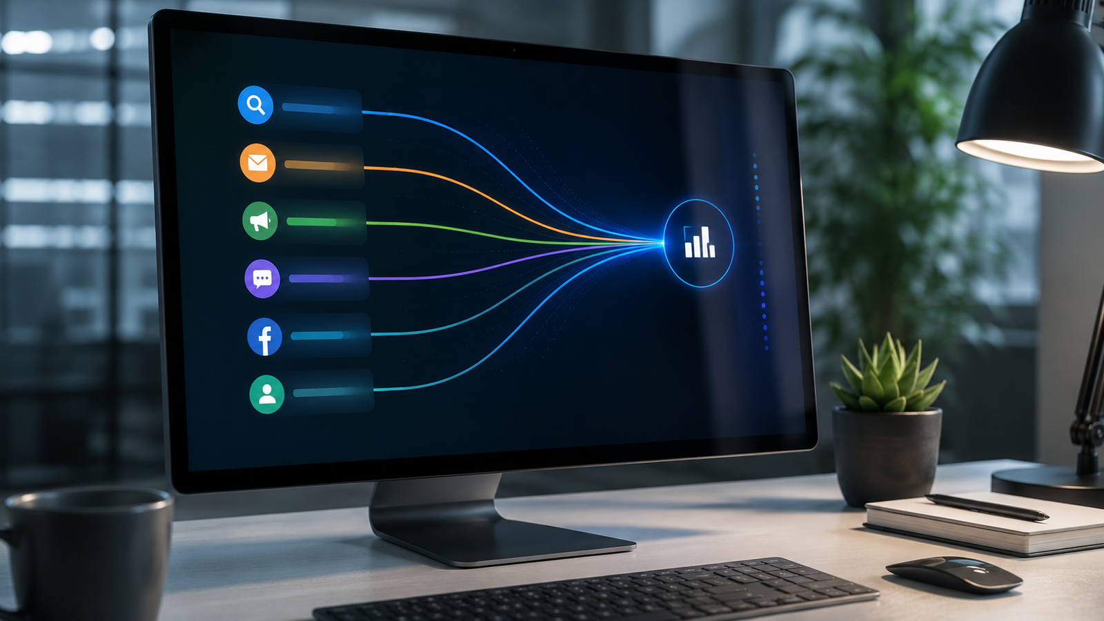 Diagram-style visual of AI connecting multiple marketing channels to revenue