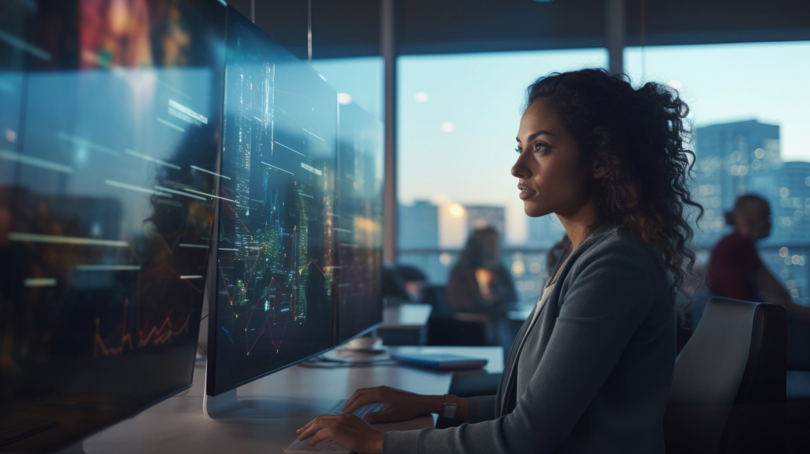 Entrepreneur reviewing AI-driven business data on a large screen, illustrating an AI online business in operation.