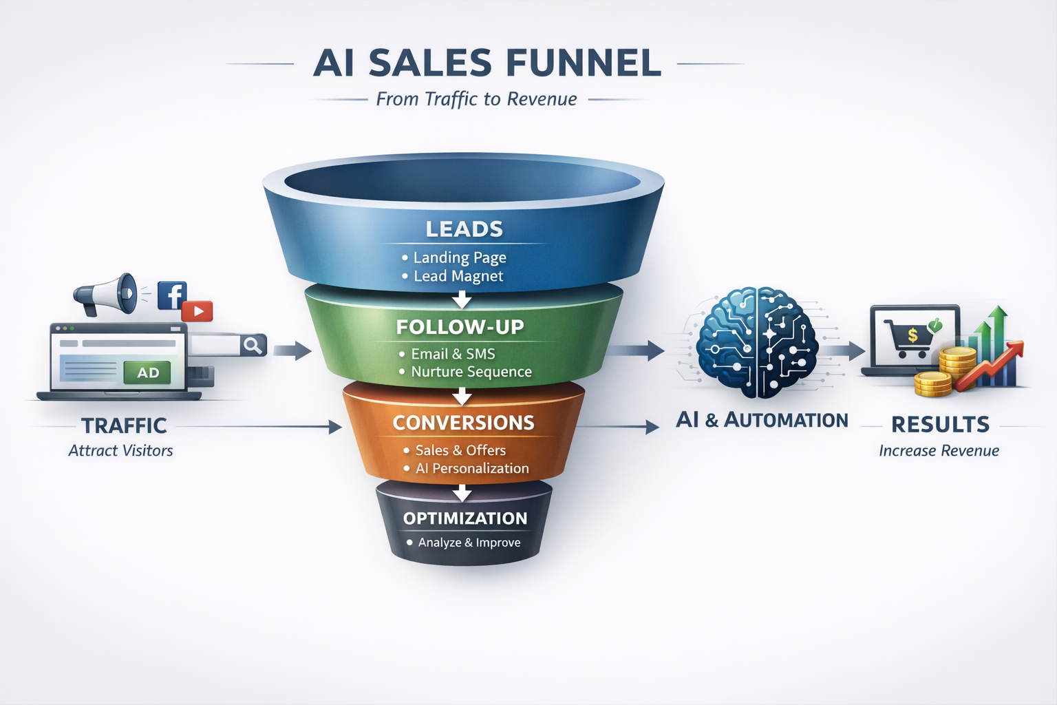 AI sales funnel diagram showing traffic flowing through leads, follow-up, conversions, and optimization stages into revenue