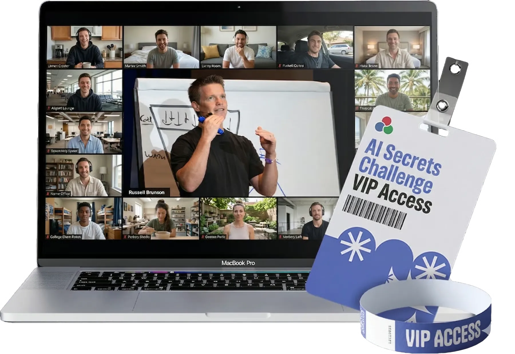 AI Secrets Challenge live session on a laptop with the VIP access card overlay