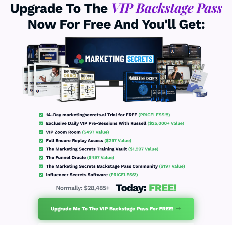 AI Secrets Challenge VIP Backstage Pass upgrade showing Marketing Secrets training vault, Funnel Oracle and bonus stack valued at $28,485