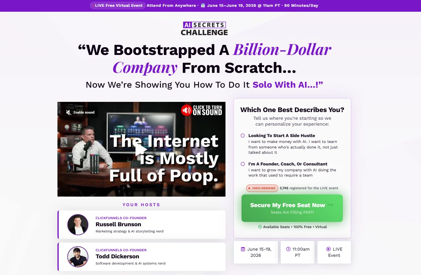 AI Secrets Challenge 2026 registration page showing free 5-day live event with Russell Brunson and Todd Dickerson