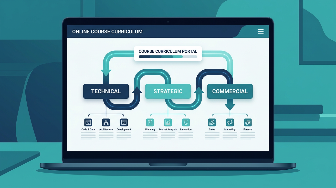 Diagram of the Become an AI Consultant curriculum showing technical, strategic and commercial training tracks