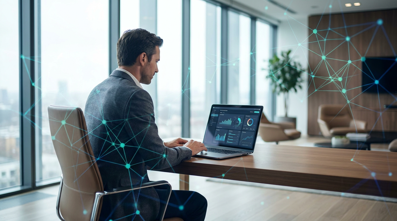 Professional working on AI consulting business at desk with dashboard, illustrating the Become an AI Consultant program