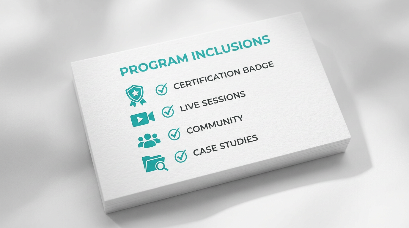 Checklist illustration of Become an AI Consultant inclusions including CPD certification, live sessions and community