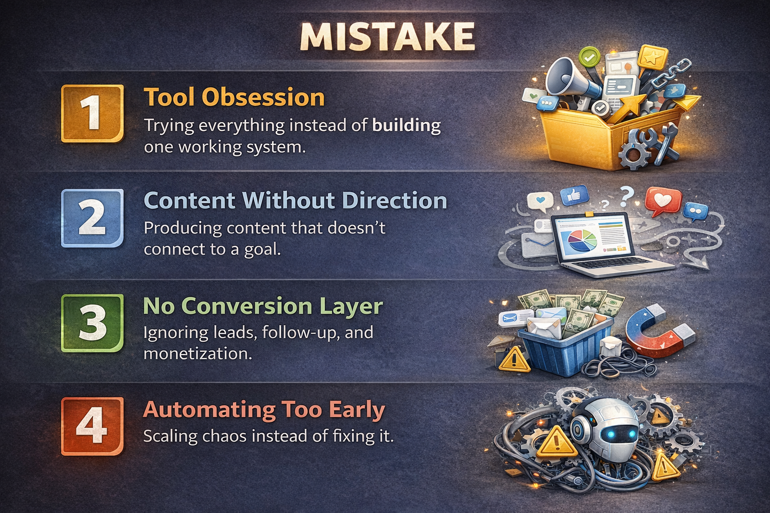 Four common AI online business mistakes — tool obsession, lack of direction, no conversion focus, and automating too early.