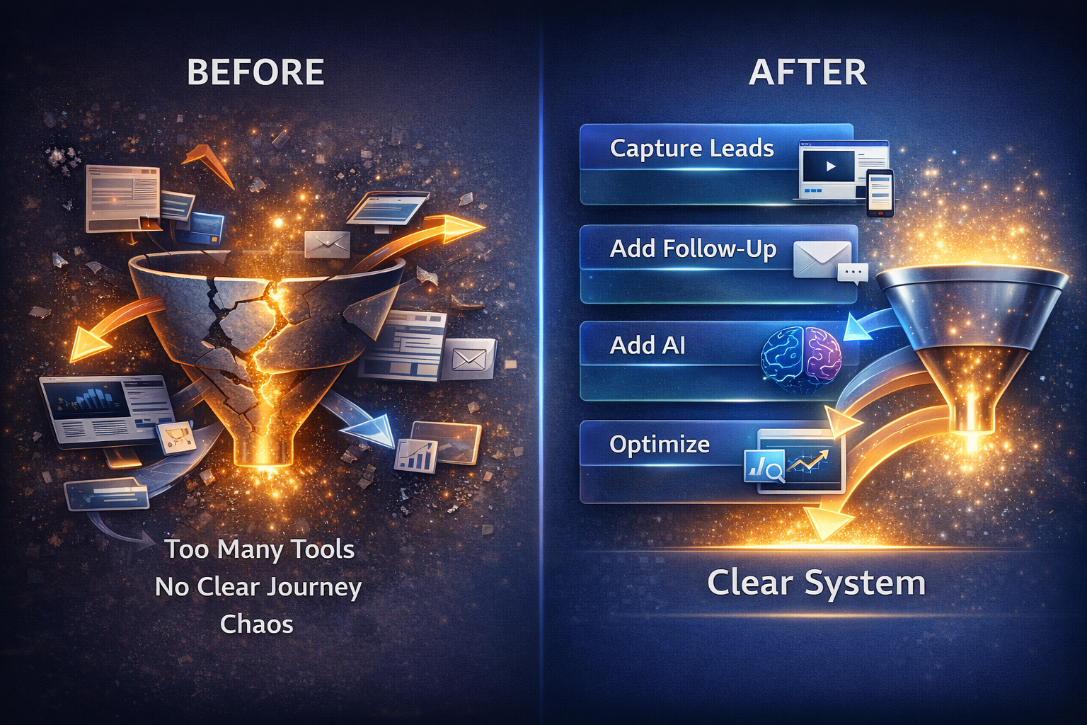 Before and after comparison showing a broken funnel with too many tools versus a clear staged system: capture, follow-up, AI, optimize