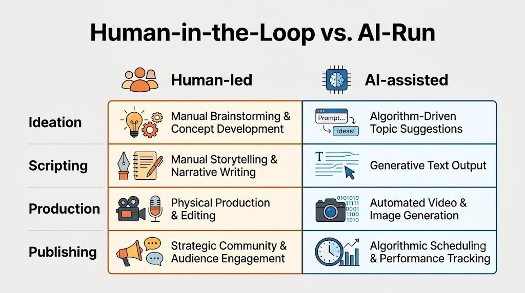 Comparison table showing four content stages — ideation, scripting, production, and publishing — split into human-led and AI-assisted columns
