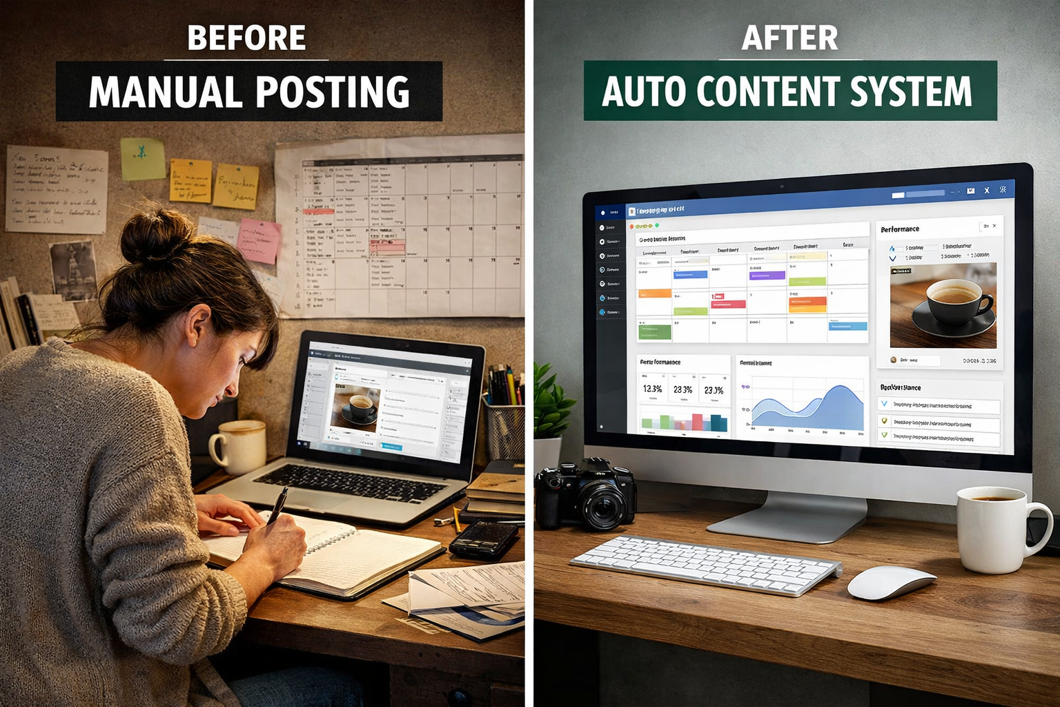 Side-by-side comparison of manual content posting versus an automated AI content system, illustrating the concept of buying back time in Gear 3.