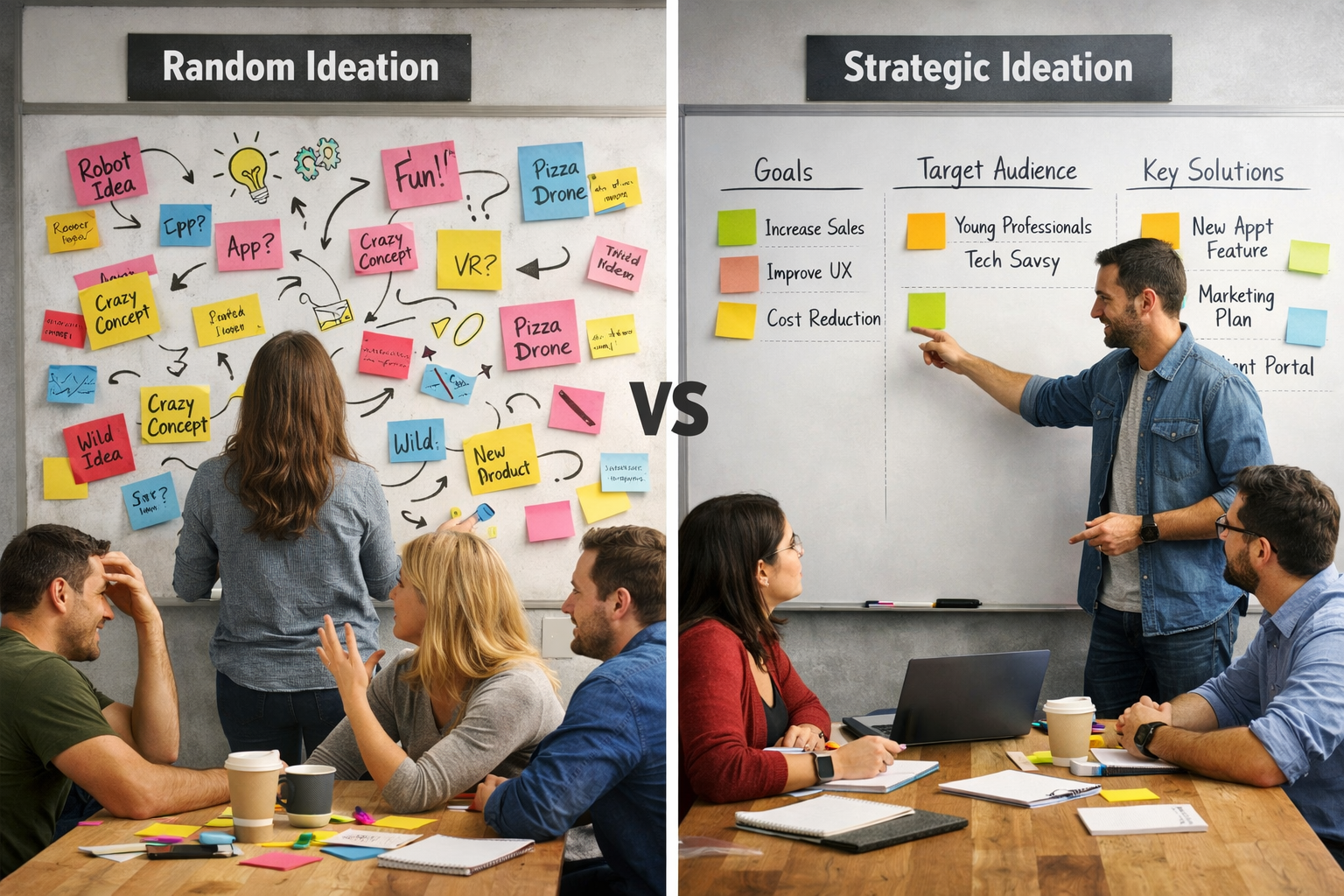 Split-screen comparing chaotic random brainstorming on the left with a structured strategic ideation session on the right, illustrating why an AI content workflow beats improvisation