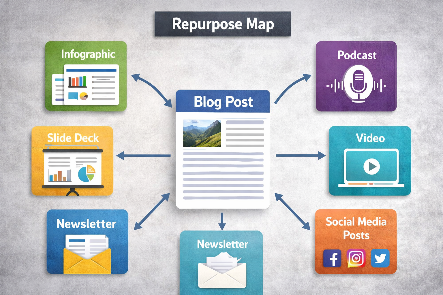 Radial repurposing map showing a central blog post distributed into infographic, podcast, video, social posts, newsletter, and slide deck