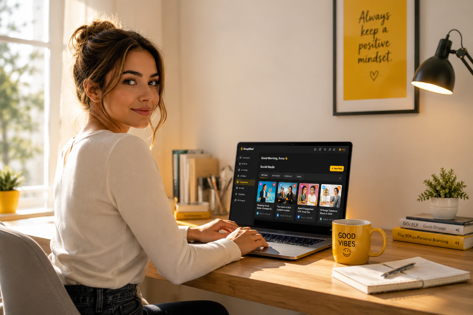 Solo content creator working efficiently on laptop with multiple content outputs on screen, representing Simplified's target user