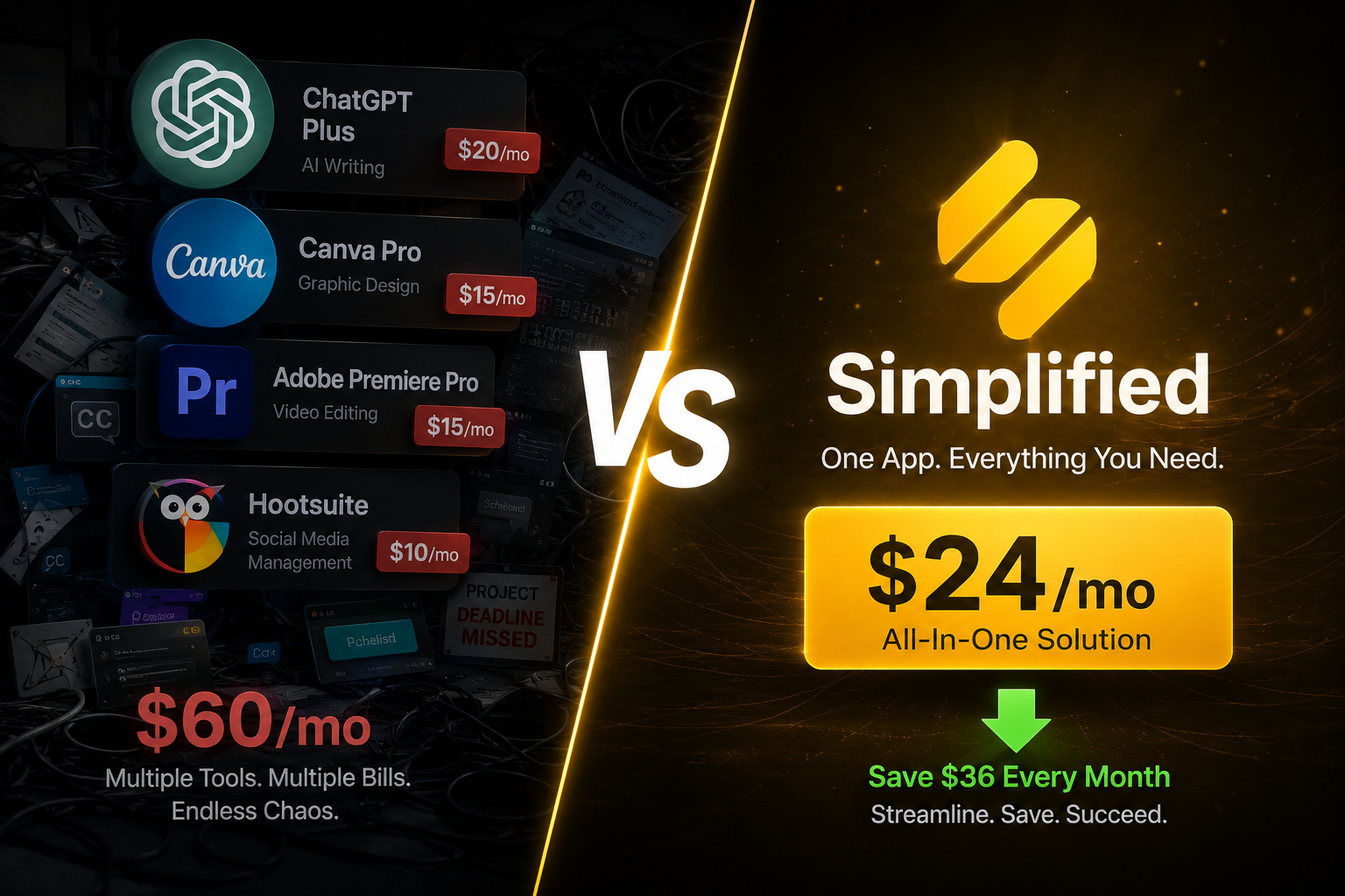 Side-by-side price comparison showing Simplified at $24/month versus a fragmented tool stack at $50-60/month