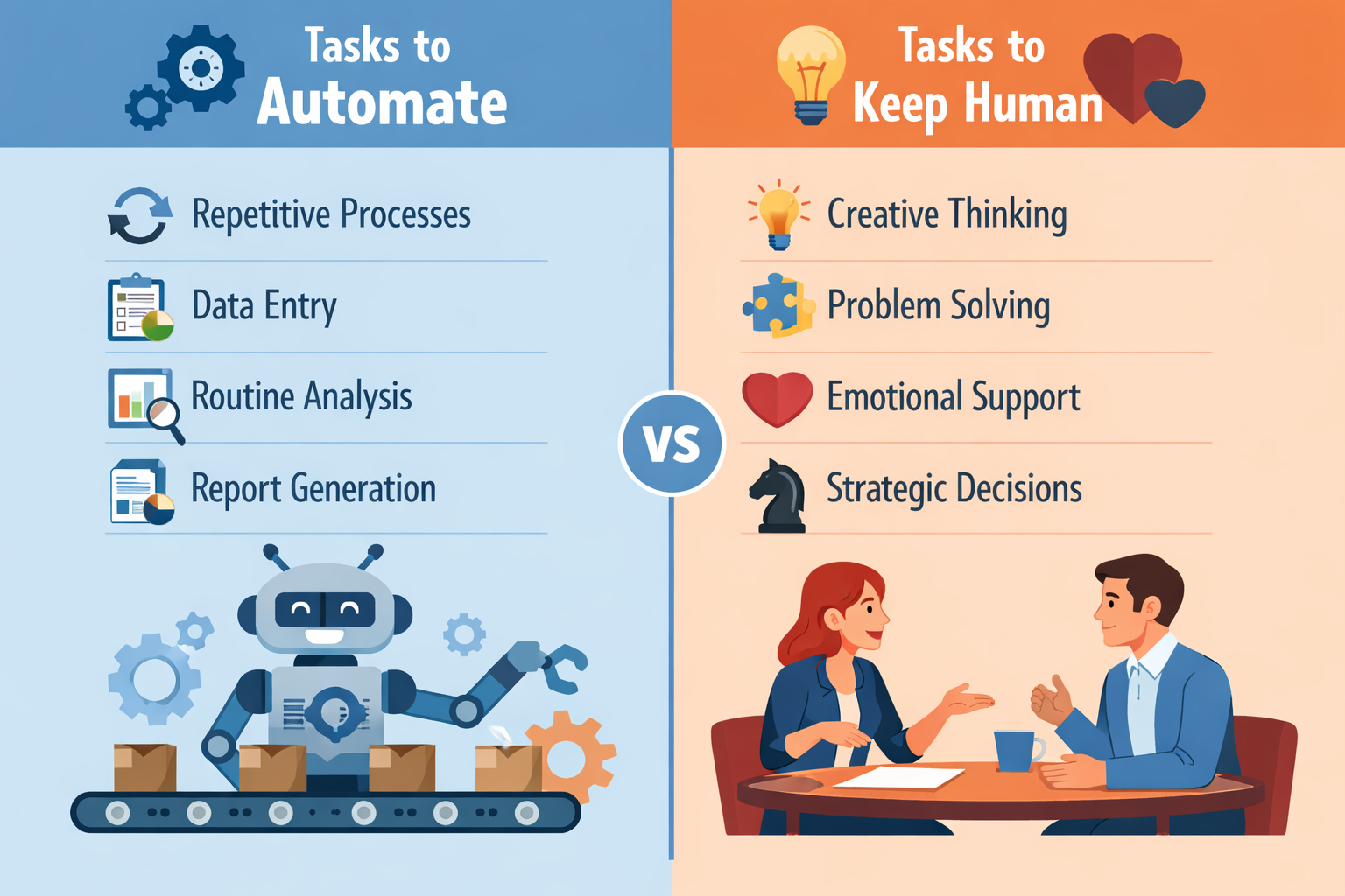 Split comparison of repetitive tasks suited to AI automation against creative and emotional tasks that should stay human