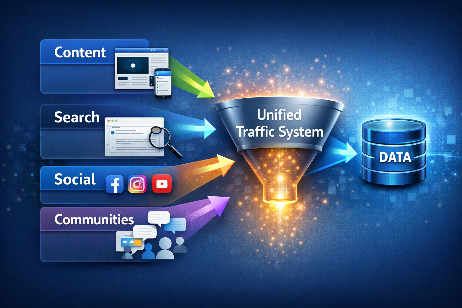 Multi-channel traffic from content, search, social, and communities flowing into a unified system that stores lead data