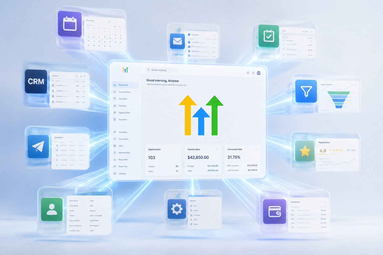 Illustration of multiple business tools consolidating into one all-in-one CRM platform
