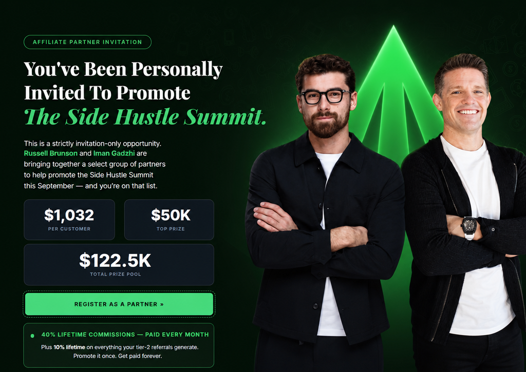 Side Hustle Summit affiliate partner invitation featuring Russell Brunson and Iman Gadzhi