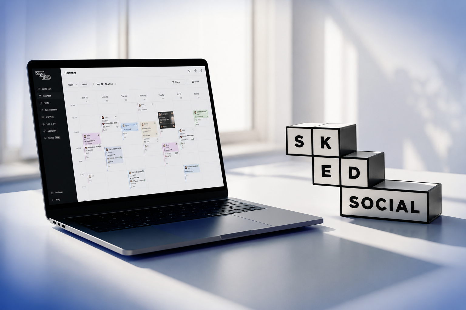 Sked Social scheduling dashboard with AI captions on a modern workspace