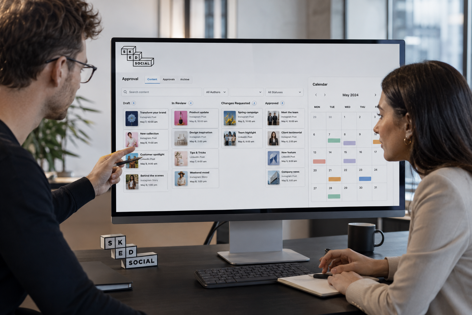 Team collaboration screen showing content approval workflow and AI caption tools