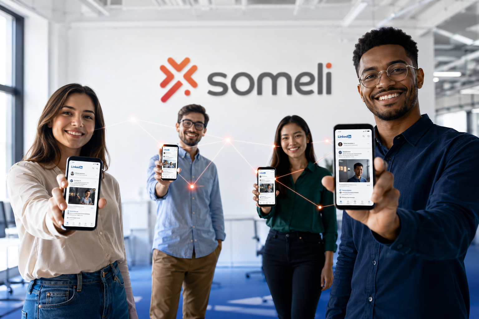 Team members posting personalized branded content on LinkedIn using Someli AI