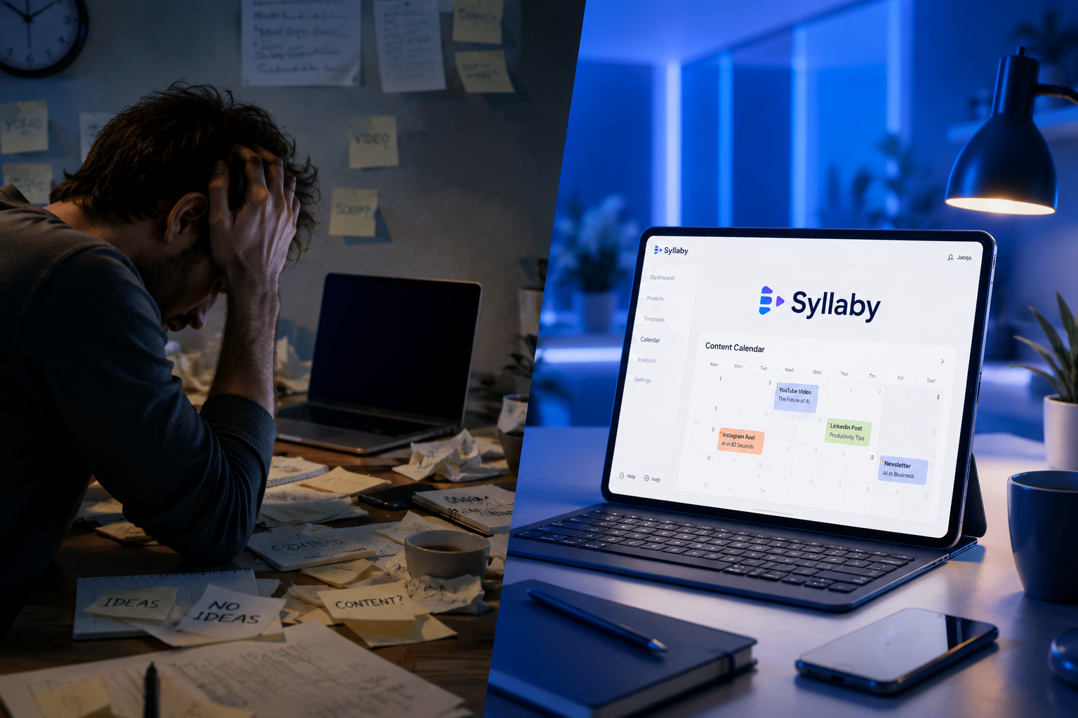 Solopreneur overwhelmed by content creation tasks solved by Syllaby automation