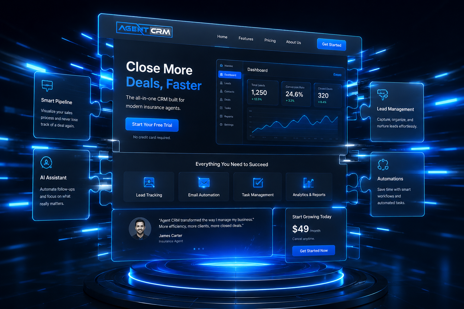 Agent CRM Funnel AI generating landing pages automatically with speed visualization