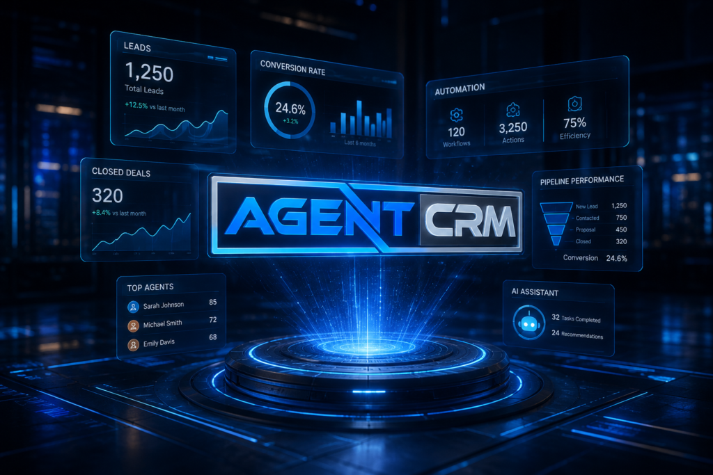 Agent CRM holographic logo with floating dashboard analytics panels