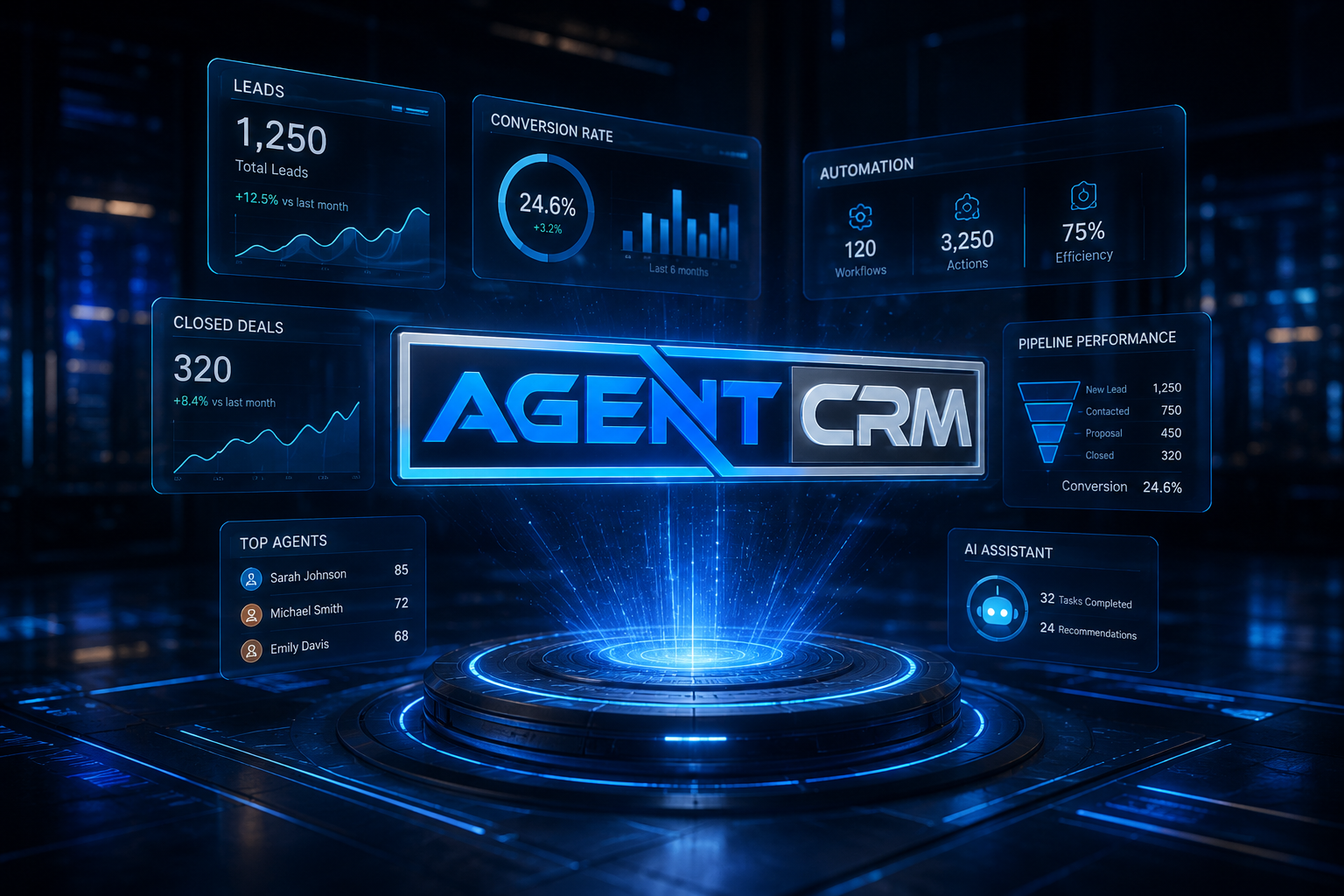 Agent CRM holographic logo with floating dashboard analytics panels