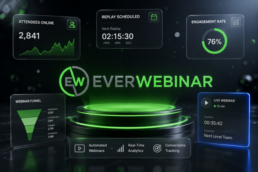 Holographic dashboard displaying EverWebinar automated webinar performance metrics