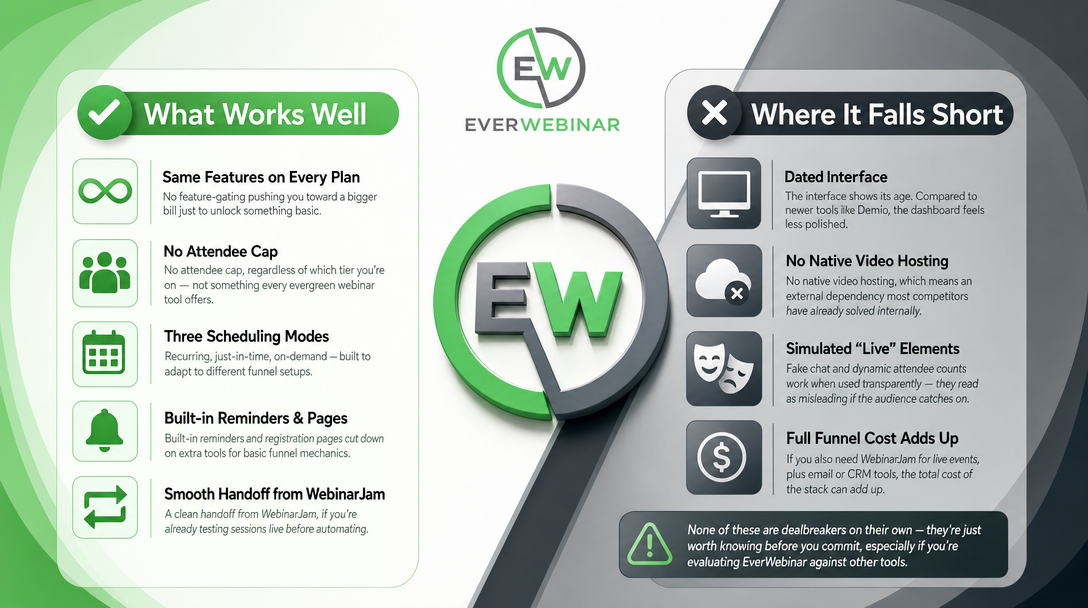 EverWebinar logo with visual summary of strengths and limitations