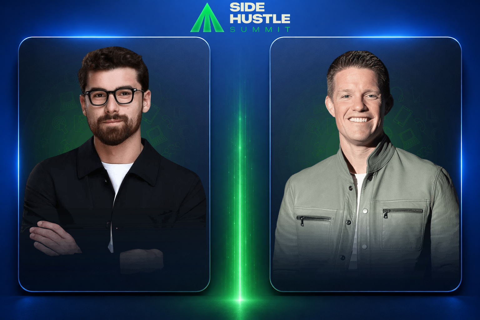Split portrait layout of two business mentors with green mountain summit logo bridging their expertise