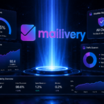 AI-powered email warm-up dashboard with Mailivery logo glowing on a futuristic podium