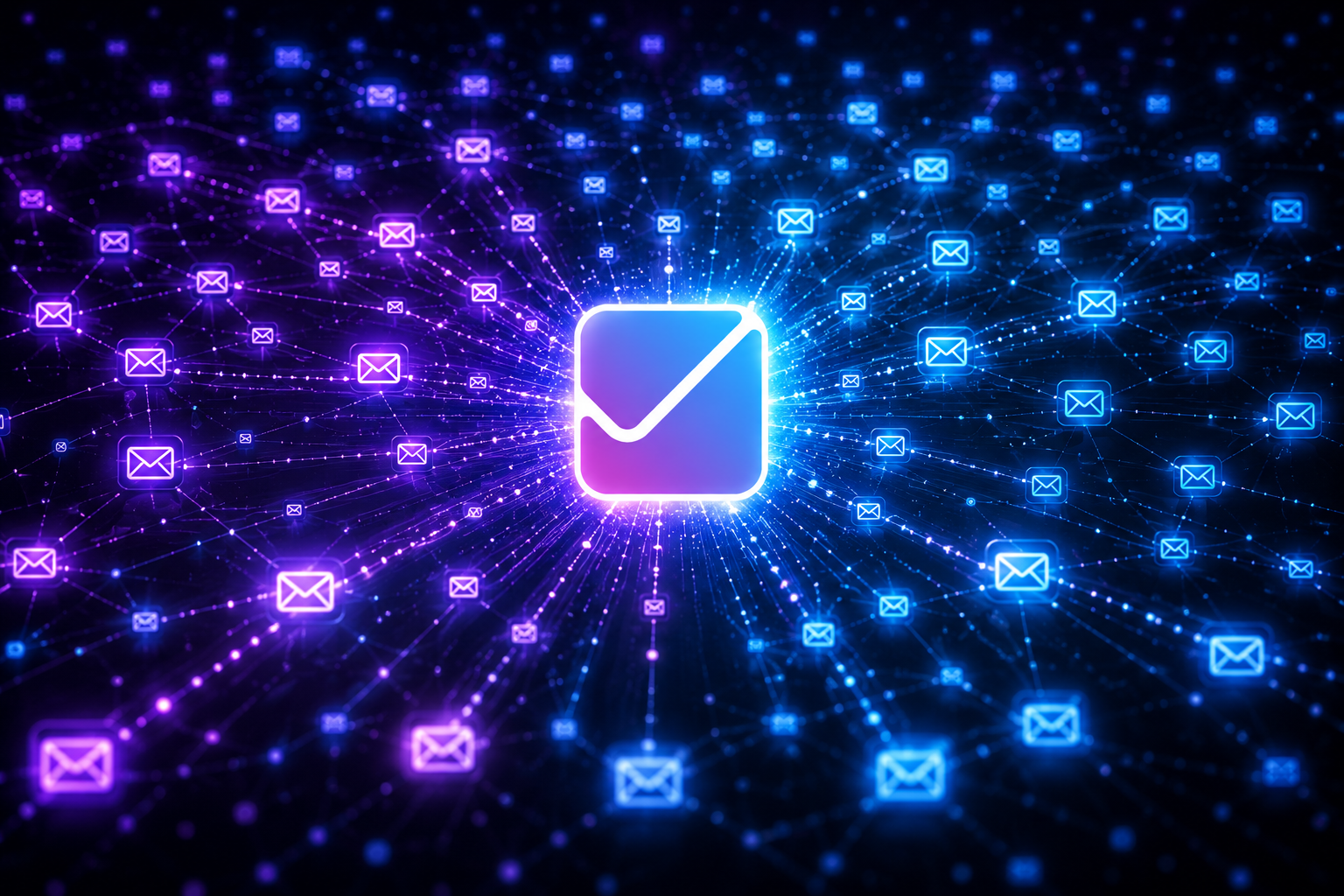 Visualization of Mailivery's AI email warm-up network connecting thousands of real inboxes