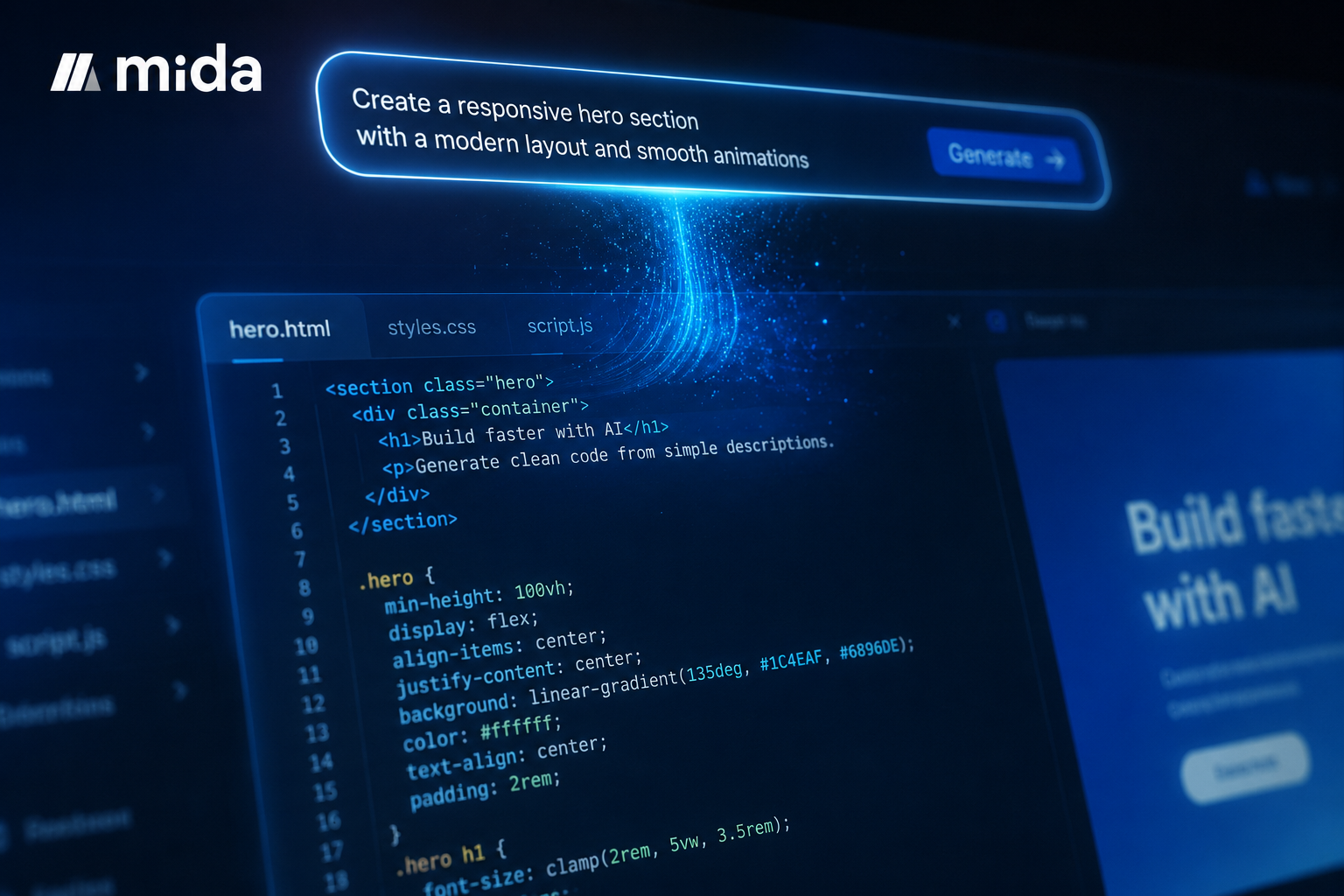 AI assistant interface converting plain language into JavaScript and CSS code