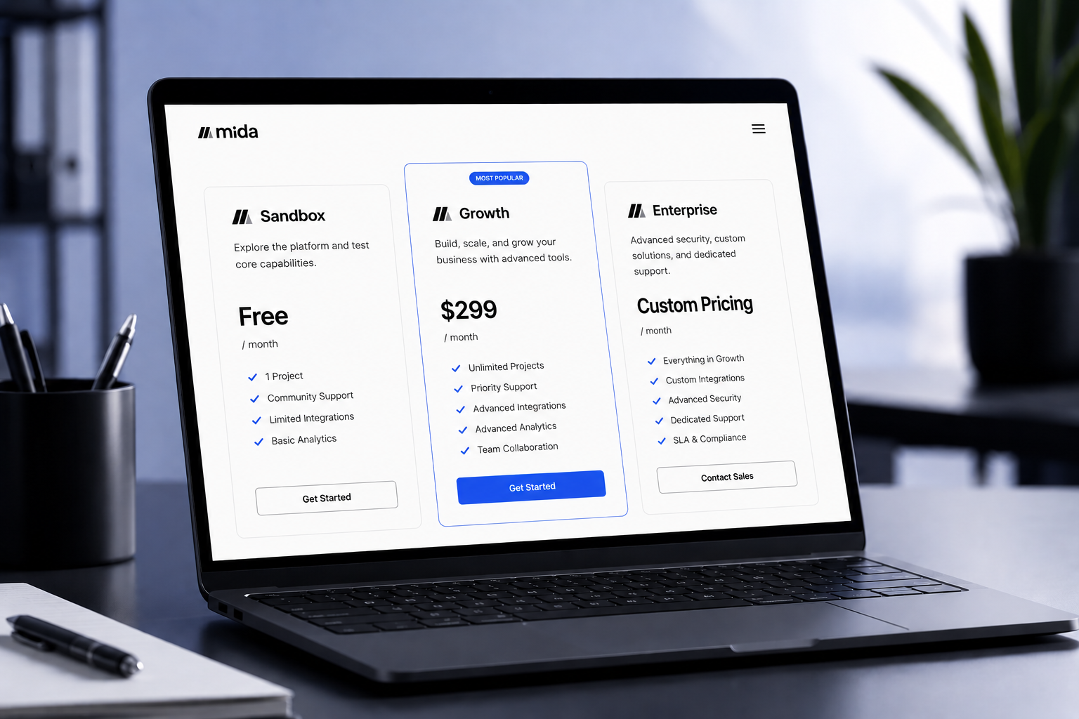 Mida pricing tiers showing Sandbox free plan Growth at $299 per month and custom Enterprise pricing