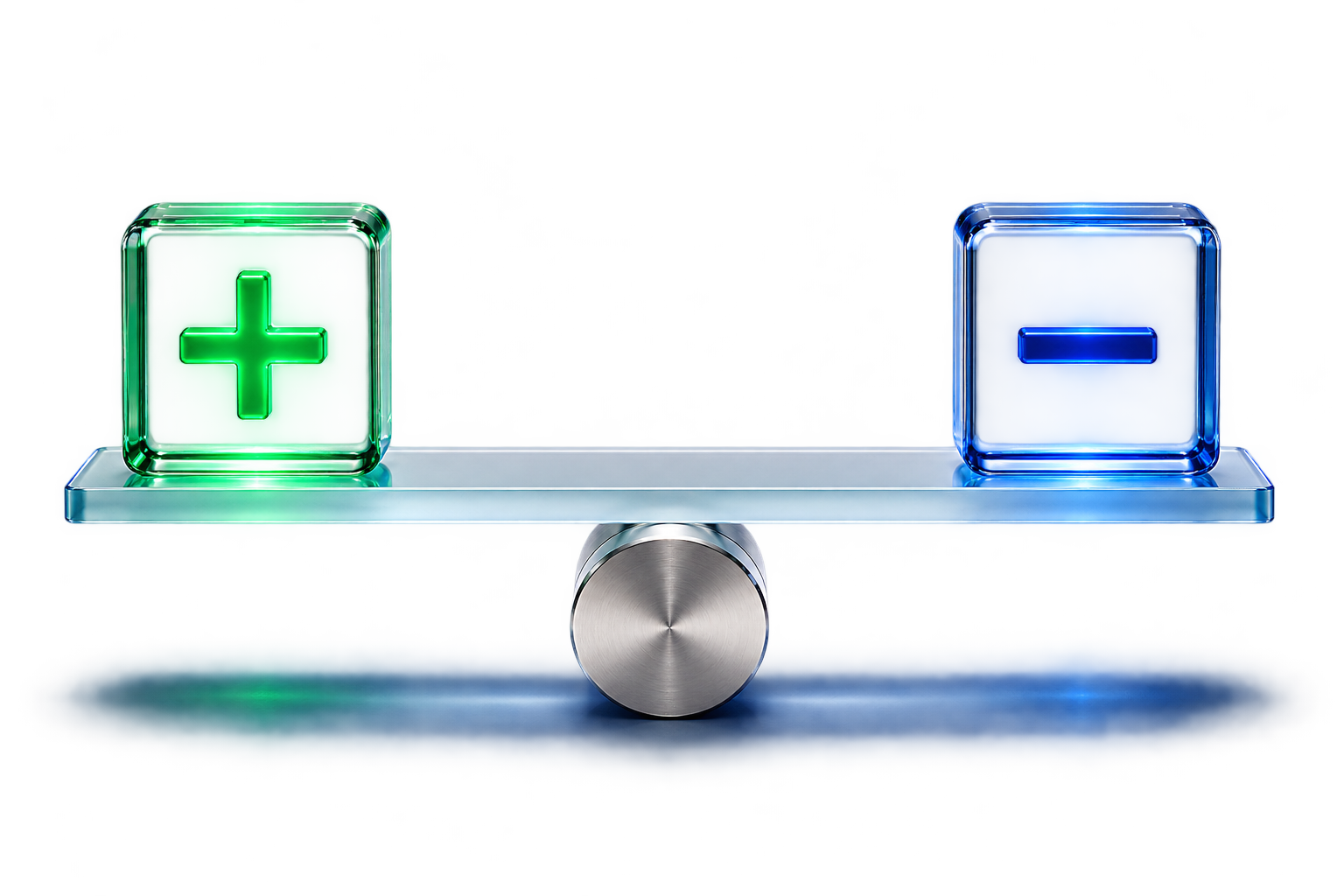 Premium glass seesaw balancing a glowing green plus cube and a dark blue minus cube, symbolizing pros and cons of Side Hustle