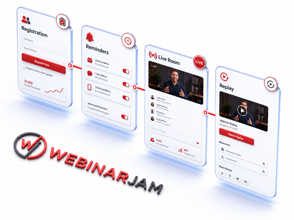 WebinarJam live broadcast room showing polls, chat moderation and offer display