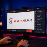 WebinarJam live webinar platform interface with registration and broadcast screen