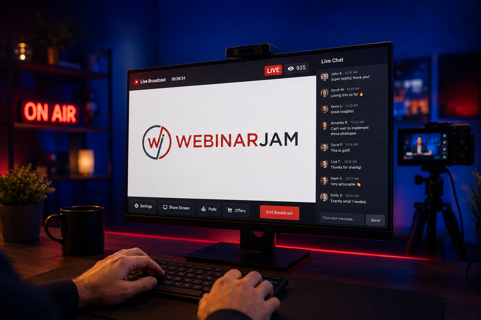 WebinarJam live webinar platform interface with registration and broadcast screen