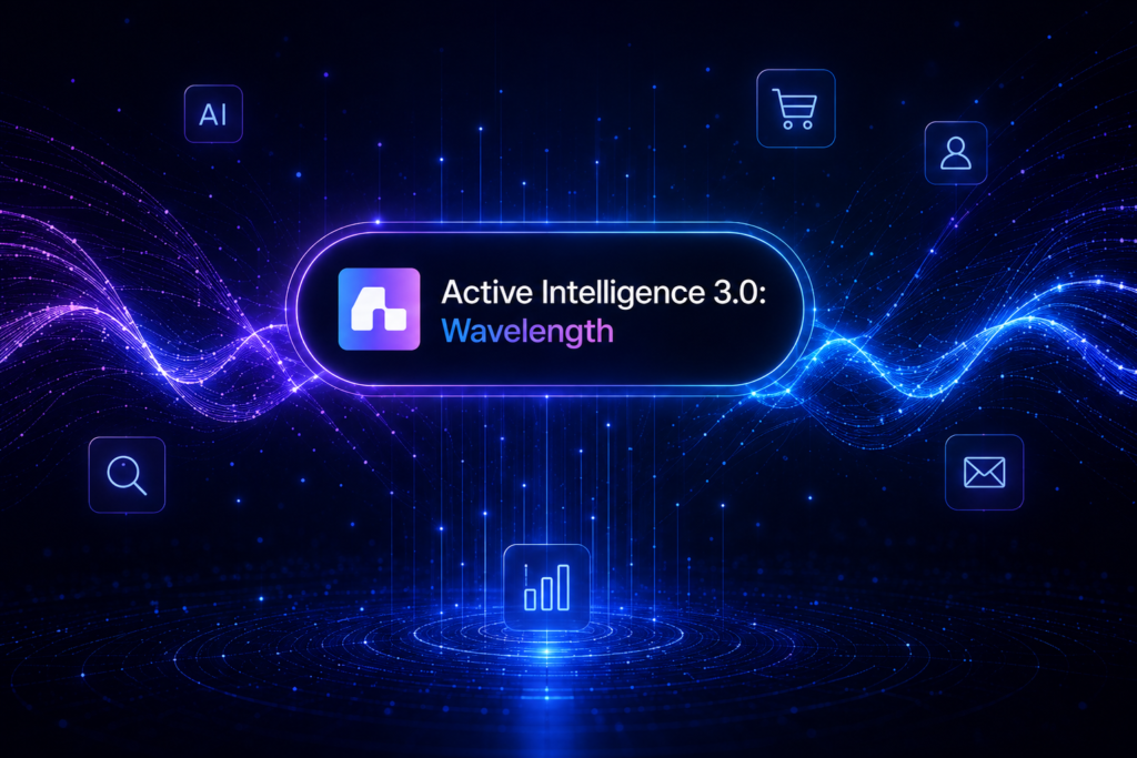 Active Intelligence 3.0: Wavelength hero graphic showing AI-driven automation icons — search, cart, user, email, and analytics — connected by glowing blue and purple waveforms