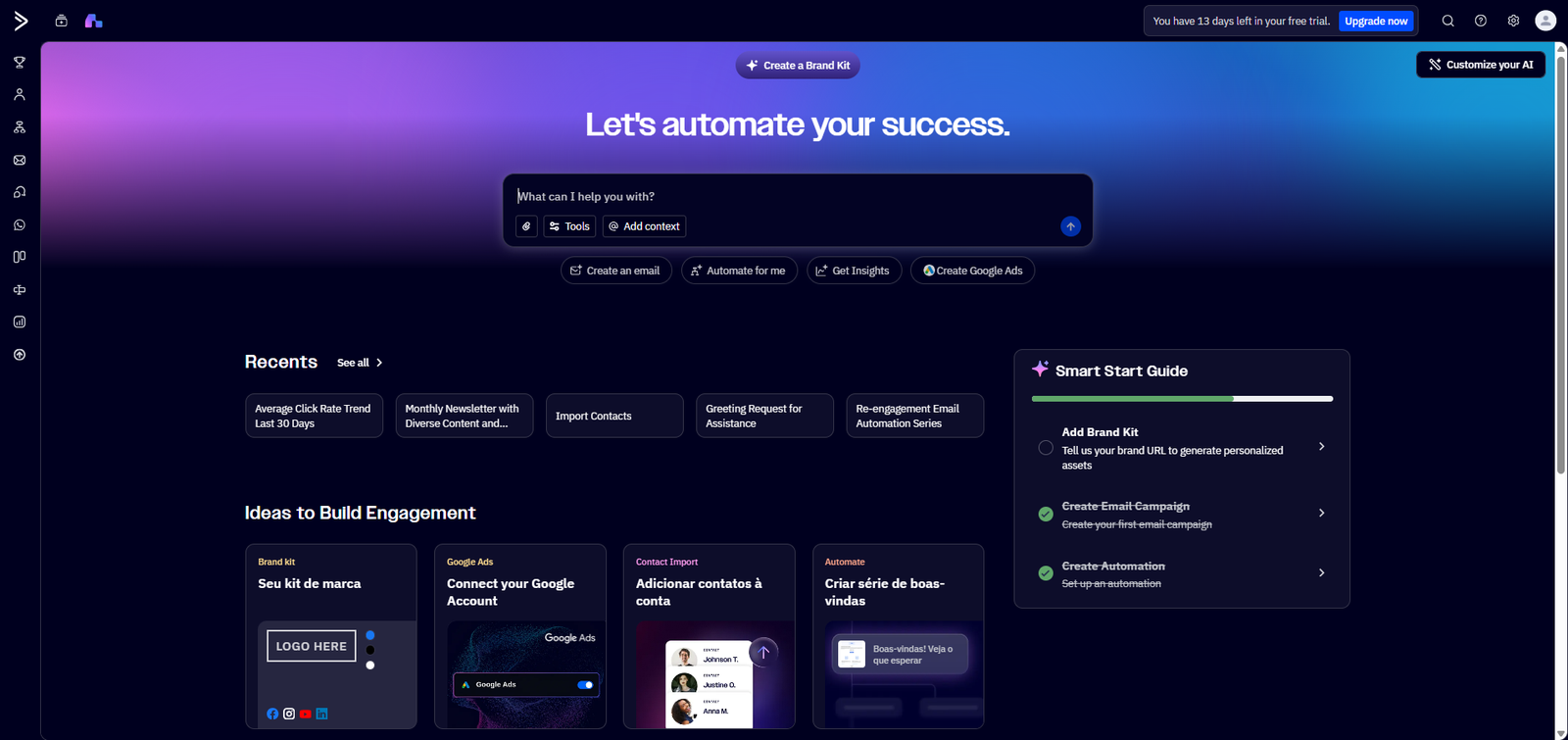 ActiveCampaign dashboard showing the AI assistant prompt box with options to create an email, automate tasks, and view insights