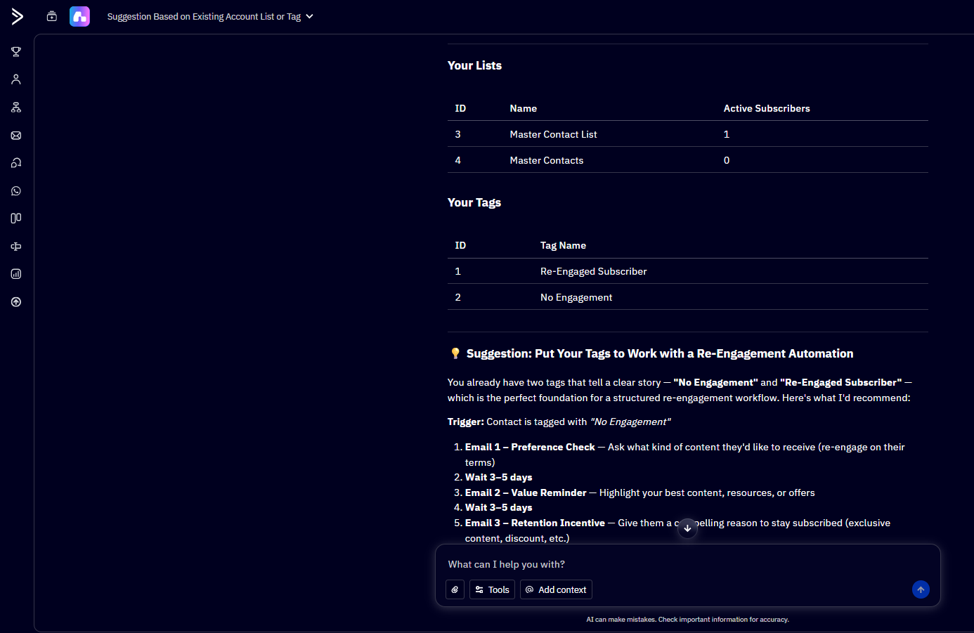 Screenshot of ActiveCampaign's AI assistant showing a suggestion that references an existing list or tag already present in the user's account, rather than a generic blank example, demonstrating the AI's contextual personalization.